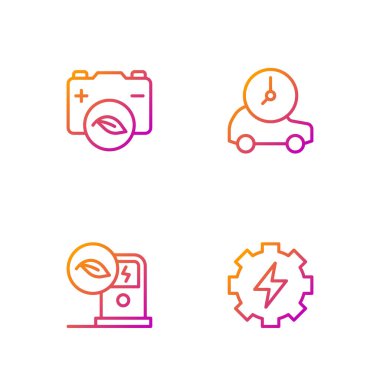 İniş takımları ve şimşek gibi elektrikli araba şarj istasyonu Eco Doğa Yaprağı Bataryası ve. Renk simgeleri. Vektör.