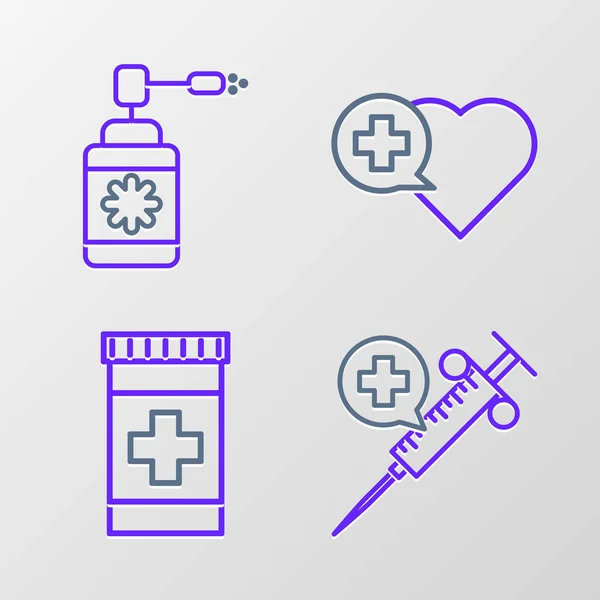 Set Line Seringue Médicale Avec Aiguille Flacon Médicament Croix Coeur — Image vectorielle