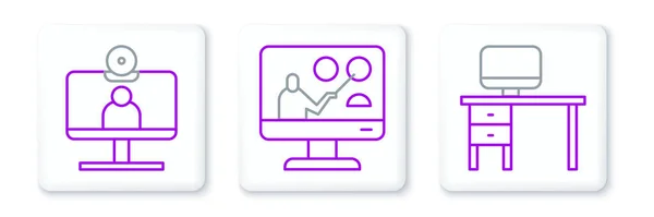 Nastavit Linku Počítačový Monitor Stůl Video Chat Konference Line Vzdělávání — Stockový vektor