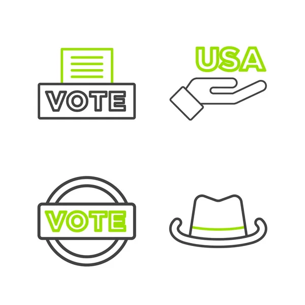 Set Line Western Cowboy Hat Vote Usa Independence Day Box — Stock Vector