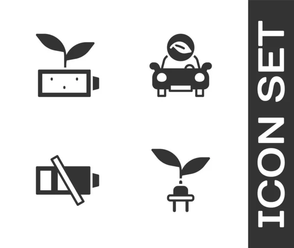 Set Enchufe Ahorro Eléctrico Hoja Eco Naturaleza Batería Icono Bajo — Vector de stock