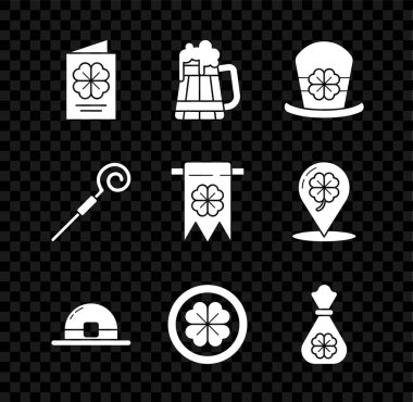 Aziz Patrick Günü broşürü, tahta bira kupası, leprikon şapka ve dört yapraklı yonca altın sikke, baston ve dört parti simgesi. Vektör.