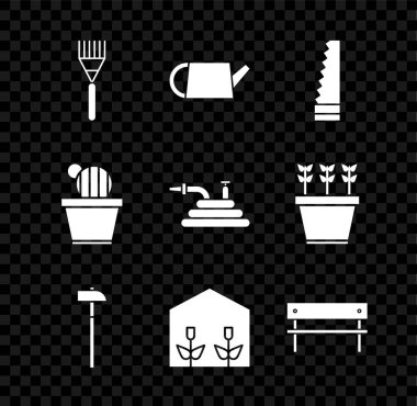 Bahçe tırmığı suyu kutusu testere çekiç ev serası ve ekilen Bench Kaktüs sulu tencere ve hortum veya yangın hortumu ikonu. Vektör.