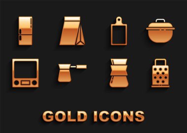 Kahve hindi pişirme tenceresi rendelenmiş elektronik pulları buzdolabı kesme ve kahve çekirdeği ikonu hazırla. Vektör.