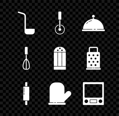 Mutfak kepçesi pizza bıçağını Rolling Pin Eldiveni Elektronik Pul çırpma ve Tuz ikonu ile kapla. Vektör.