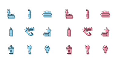 Çizgiyi karton kutuda patlamış mısır koyun Tavuk budu şişe su ve hamburger dondurmalı waffle külahı saman sosu şişesi ve ikon içerek kağıt bardak sipariş edin. Vektör.