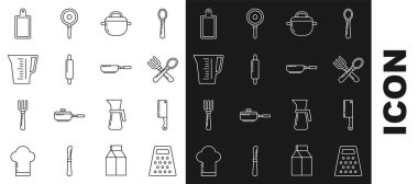 Hattı Grater Et Helikopteri çapraz çatal ve kaşıkla pişirme tenceresi yuvarlama raptiyesi kesme tahtası ve kızartma tavası simgesi. Vektör.