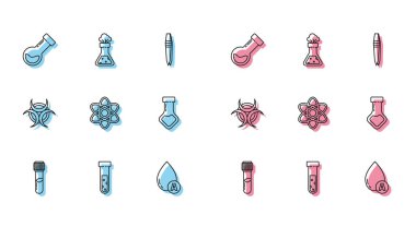 Sınır test tüpü ve matara kimyasal su, Atom Biyolojik tehlike sembolü ve ikonu bırakın. Vektör.