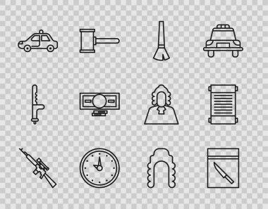 Keskin nişancı tüfeğini dürbünlü delil torbasıyla ve bıçaklı fırça fırçası saat, araba teşhircisi kağıt para yığını yargıç peruğu ve kağıt parşömen ikonu ile ayarla. Vektör.