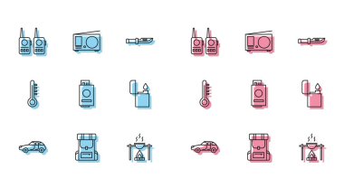 Otomobil Yürüyüşü sırt çantası Walkie talkie Kamp Ateşi ve içinde Hafif Meteoroloji termometresi ve Radyo anten ikonu olan esrar pasaportu ayarla. Vektör.