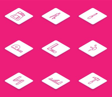 Hat çimento torbasını çiz pusula çizen rulet inşaat cetveli elle matkap katlama ve ahşap uçak alet simgesi. Vektör.