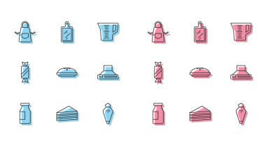 Sütlü Kek Mutfağı önlük çantalı, ev yapımı turta sökücü fan Candy ve kesme tahtası ikonu. Vektör.