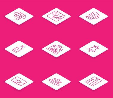 Kış eşarbı Noel ışıkları ahşap bira bardağı şampanya şişesi şömine içi zil kartpostalı ve pasta ikonu. Vektör.