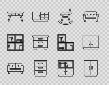 Koltuk Koltuğu Kol Koltuğu Mobilya Ofisi Masa Masası Kütüphanesi kitaplığı ve simgesini ayarla. Vektör.