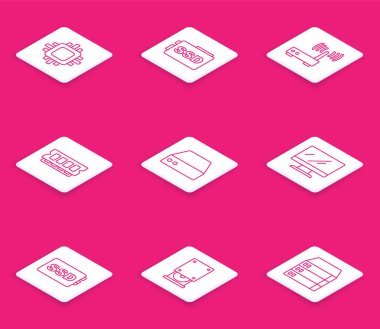 CPU SSD kart Router ve Wi-fi sinyal RAM rastgele erişim bellek Sunucusu Veri Sunucusu Bilgisayar ekranı ve Optik disk sürücü simgesi ile satır işlemcisini ayarla. Vektör.