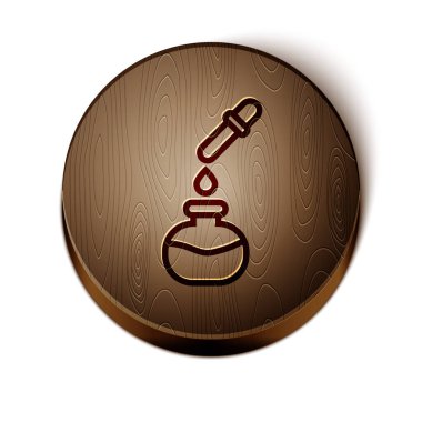 Kahverengi çizgi test tüpü ve beyaz arka planda izole edilmiş pipet ikonu olan kimyasal laboratuvar testi. Laboratuvar cam levhası. Tahta daire düğmesi. Vektör.