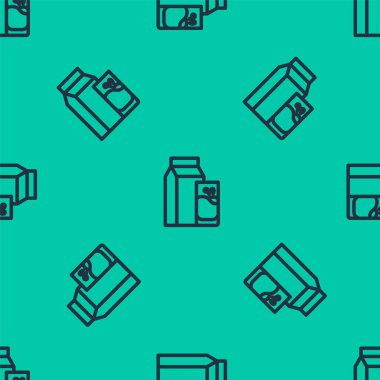 Kefir için mavi çizgi kağıt paketi ve cam ikon yeşil arka planda izole edilmiş pürüzsüz desen. Sağlıklı yaşam tarzı ve probiyotik tatmini için diyet yapmak. Vektör.