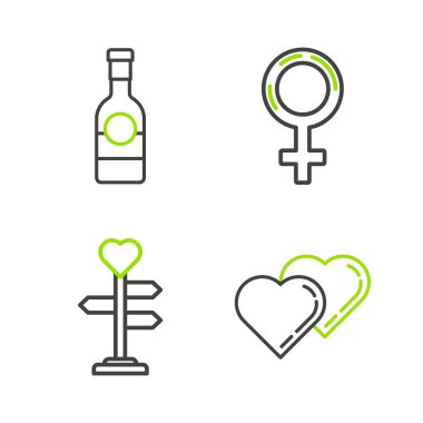 İki Bağlı Kalpleri Kadın Sembolü ve Şampanya Şişesi ikonu ile işaretle. Vektör.