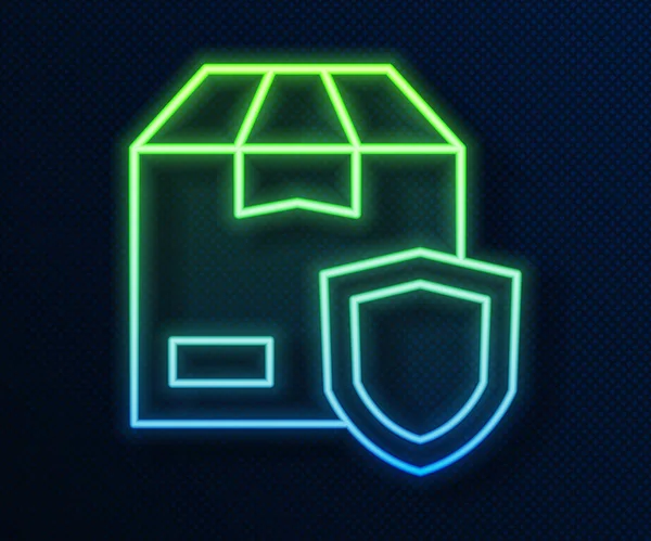 Zářící Neonová Linka Zabezpečení Dodávek Ikonou Štítu Izolovanou Modrém Pozadí — Stockový vektor
