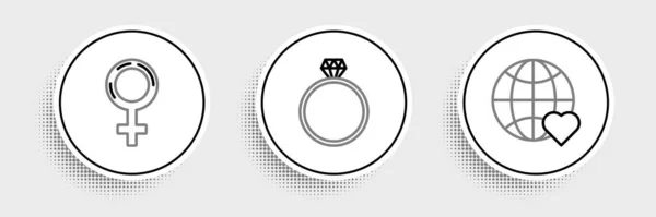 设定线全世界都喜欢女性的象征和钻石订婚戒指的象征 — 图库矢量图片
