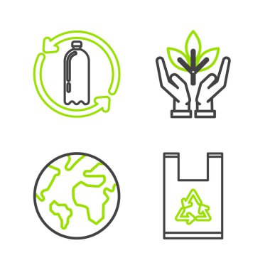 Çevre koruma ve plastik şişe ikonunun geri dönüşümü için Dünya 'nın geri dönüşümünü sağlayan plastik poşeti yerleştirin. Vektör.