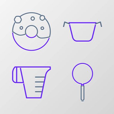 Hattı ayarla, tava ölçme kabı, tencere pişirme ve tatlı jöleli donut. Vektör.