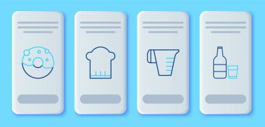 Şef şapkası ölçme bardağı çöreği, tatlı jöleli ve cam şişe sütü ve cam ikonlu. Vektör.