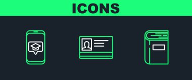 Kitap mezuniyet şapkasını ekrandaki akıllı telefona ve kimlik tanımlama simgesine ayarla. Vektör.