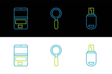 USB flaş bellek dizüstü bilgisayarı ve büyüteç simgesini ayarla. Vektör.