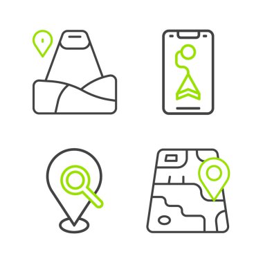 Hat Şehir Haritası Arama konumu ve dağ simgesi ile konumu ayarlayın. Vektör.