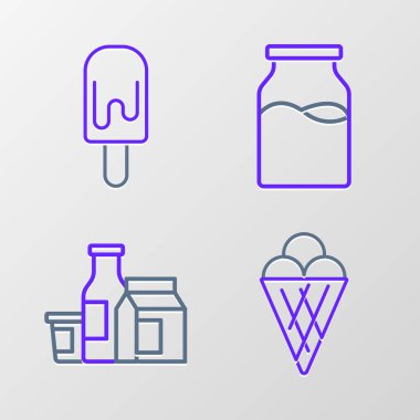 Dondurmayı krep külahında hazırla. Süt ve ikonlu şişe. Vektör.