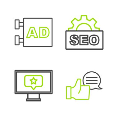 Satır Müşteri Değerlendirme İzleyicisini yıldız SEO optimizasyonu ve Reklam simgesi ile ayarla. Vektör.