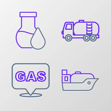 Petrol tankeri konumu, benzin istasyonu tankeri ve benzin test tüpü ikonu ayarlayın. Vektör.