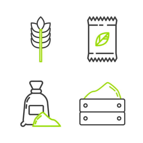 ラインを設定小麦粉の収穫袋と木製の箱パックの完全な種子特定の植物や穀物米小麦トウモロコシのオート麦のアイコン ベクトル — ストックベクタ