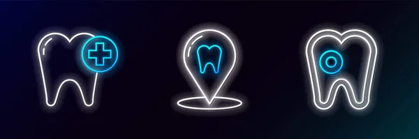 Nastavit Čáru Zubu Caries Ikonu Umístění Zubní Kliniky Žhnoucí Neon — Stockový vektor