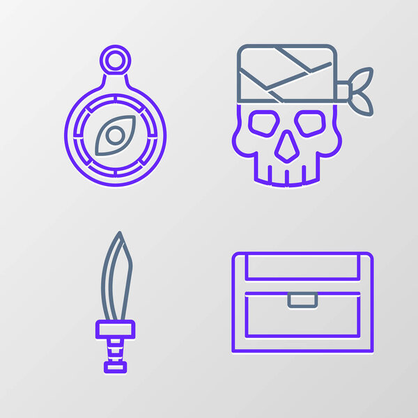 Set line Antique treasure chest Pirate sword captain and Compass icon. Vector.
