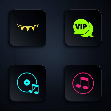 Müzik notası, ton, bayraklı karnaval çelengi, vinil disk ve Vip konuşma balonu. Siyah kare düğme. Vektör.