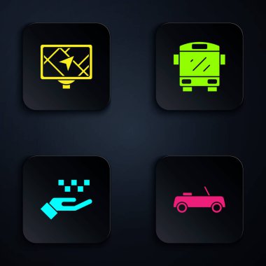 Araba, haritalı GPS cihazı, el taksisi ve otobüs ayarlayın. Siyah kare düğme. Vektör.
