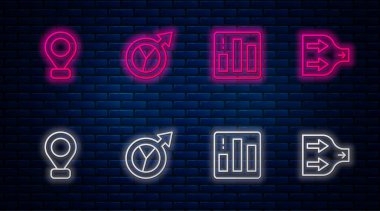 Finansal büyüme, pasta grafiği bilgisi, konum ve ok. Tuğla duvarda parlayan neon simgesi. Vektör.