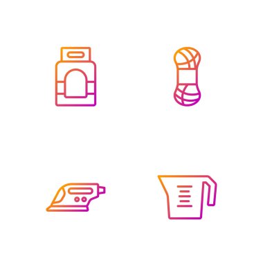 Ölçme kabı, elektrikli ütü, çamaşır deterjanı ve ipliği ayarla. Renk simgeleri. Vektör.