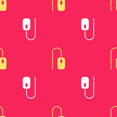 Sarı Bilgisayar faresi simgesi kırmızı arkaplanda izole edilmiş. Tekerlek sembollü optik. Vektör İllüstrasyonu.