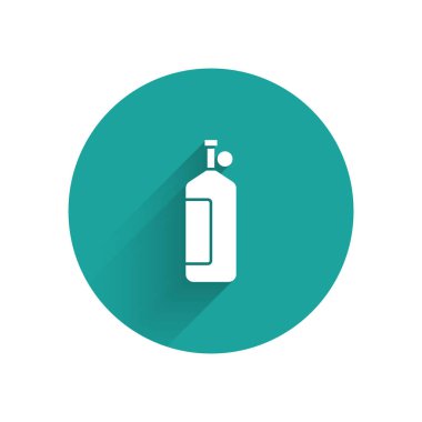 Beyaz Aqualung simgesi uzun gölgeli izole edilmiş. Dalgıçlar için oksijen tüpü. Dalış ekipmanları. Olağanüstü bir spor. Su altı ekipmanları. Yeşil daire düğmesi. Vektör.