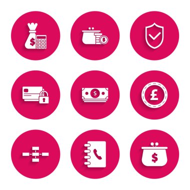 Stacks kağıt para nakit cüzdanı dolar sembollü Sterling İşletme hiyerarşisi organizogramı bilgi grafikleri, kredi kartı kilit işareti ve hesap makinesi çanta simgesi ile ayarlayın. Vektör.