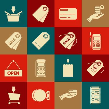 Cep telefonu indirimli yüzde Pos terminalinde eklenmiş kredi kartı boş etiket fiyat fiyat şablonu indirimi satışı sepeti ve simgesi ile çevrimiçi alışveriş yapın. Vektör.