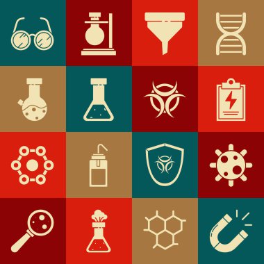 Mıknatıs Bakteri Laboratuvarı panosunu kontrol listesi huni filtre tüpü, kimyasal bardaklar ve Biyolojik Tehlike simgesi ikonu ile ayarla. Vektör.