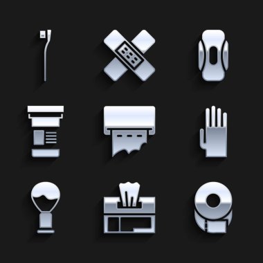 Kağıt havlu dağıtıcısını duvar kağıdına, ıslak mendil kağıdına, tuvalet kağıdı rulo eldivenlerine, tıraş fırçası fırçası, hijyenik peçete ve diş fırçası ikonuna yerleştir. Vektör.