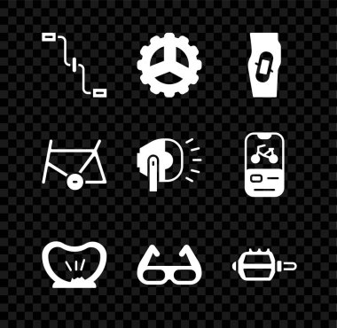 Bisiklet pedallarını bacak delinmiş lastik lastiklerine, bisiklet bisikletli güneş gözlüğü çerçevelerine ve kafa lambası ikonuna yerleştirin. Vektör.