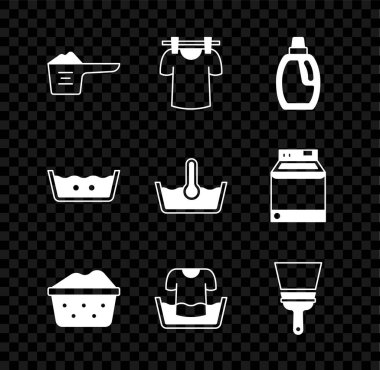 Çamaşır deterjanı için çamaşır deterjanı şişesini sabun köpüğü, gömlek temizleyicisi, cam temizleyicisi ve simge ile kurutma tozu hazırla. Vektör.