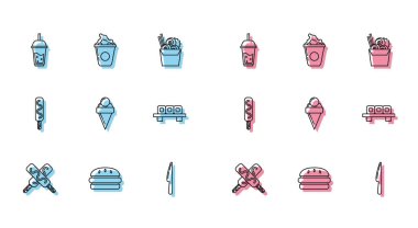 Saman Bıçaklı waffle külahlı limonata ve patlamış mısır karton kutu ikonu içen Dondurmalı Burger Glass 'i ayarla. Vektör.