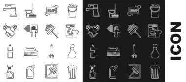 Çöp poşeti yıkama makinesi ve köpük temizleme servisi eldivenli sabun çubuğu su musluğu ve silecek sileceği ikonu. Vektör.